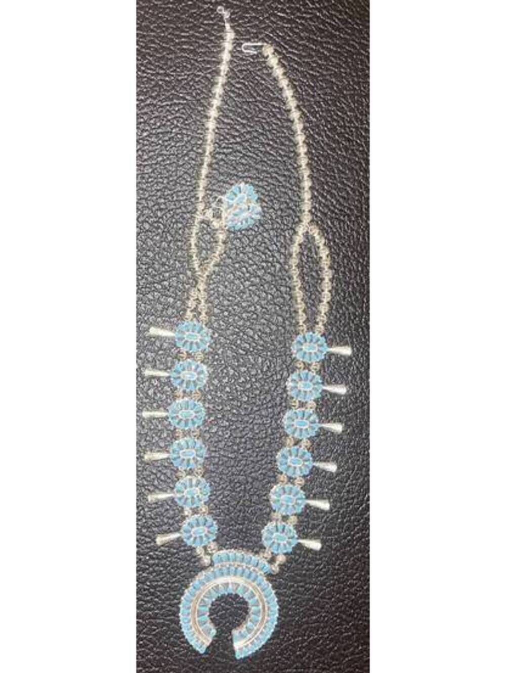 Navajo sterling silver turquoise coral reversible squash blossom with earrings